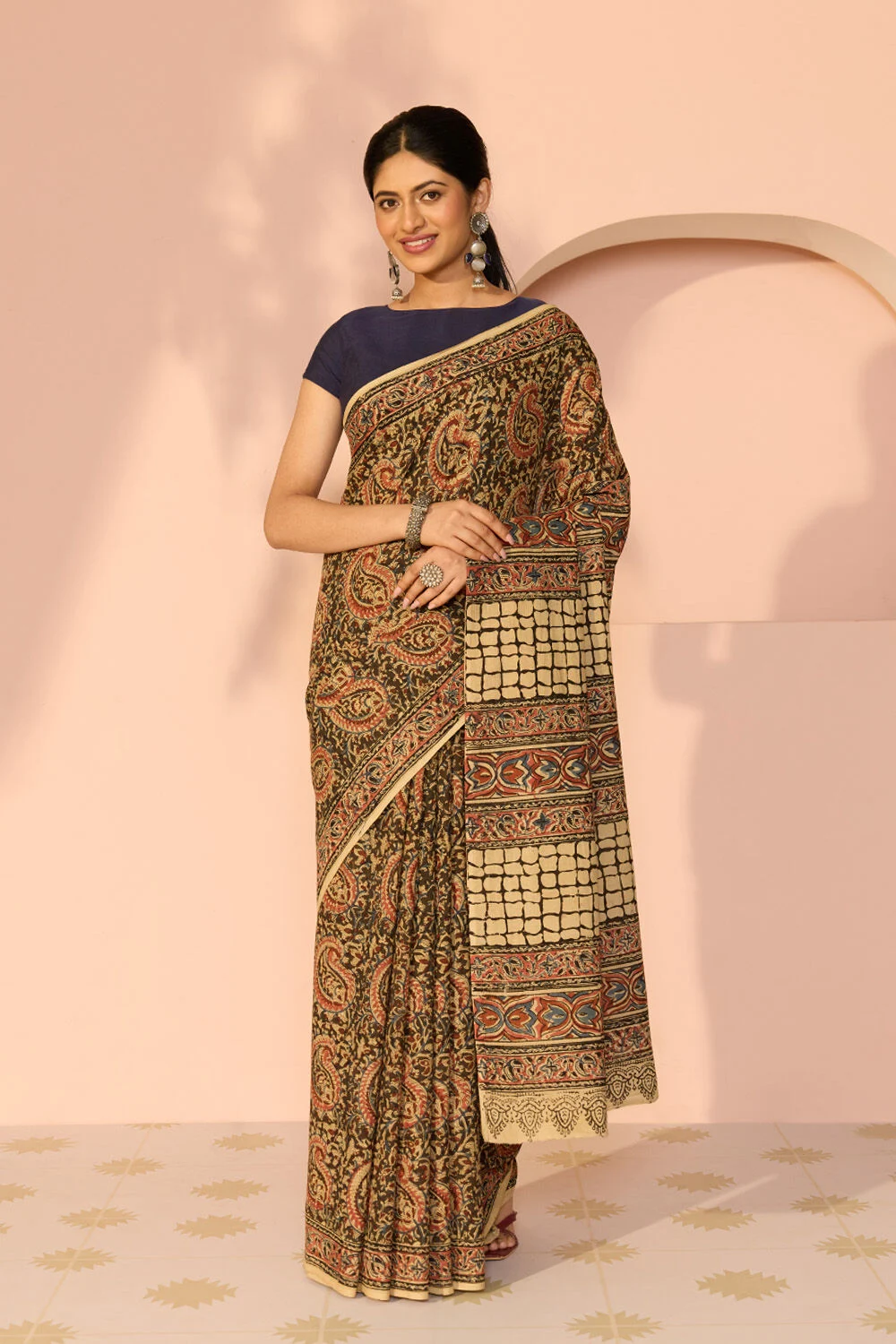 Brown Printed Kalamkari Machilipatnam Pure Cotton Saree